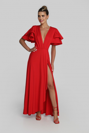 Maxi dress with adjustable neckline, ruffled sleeves and wrapover bottom.